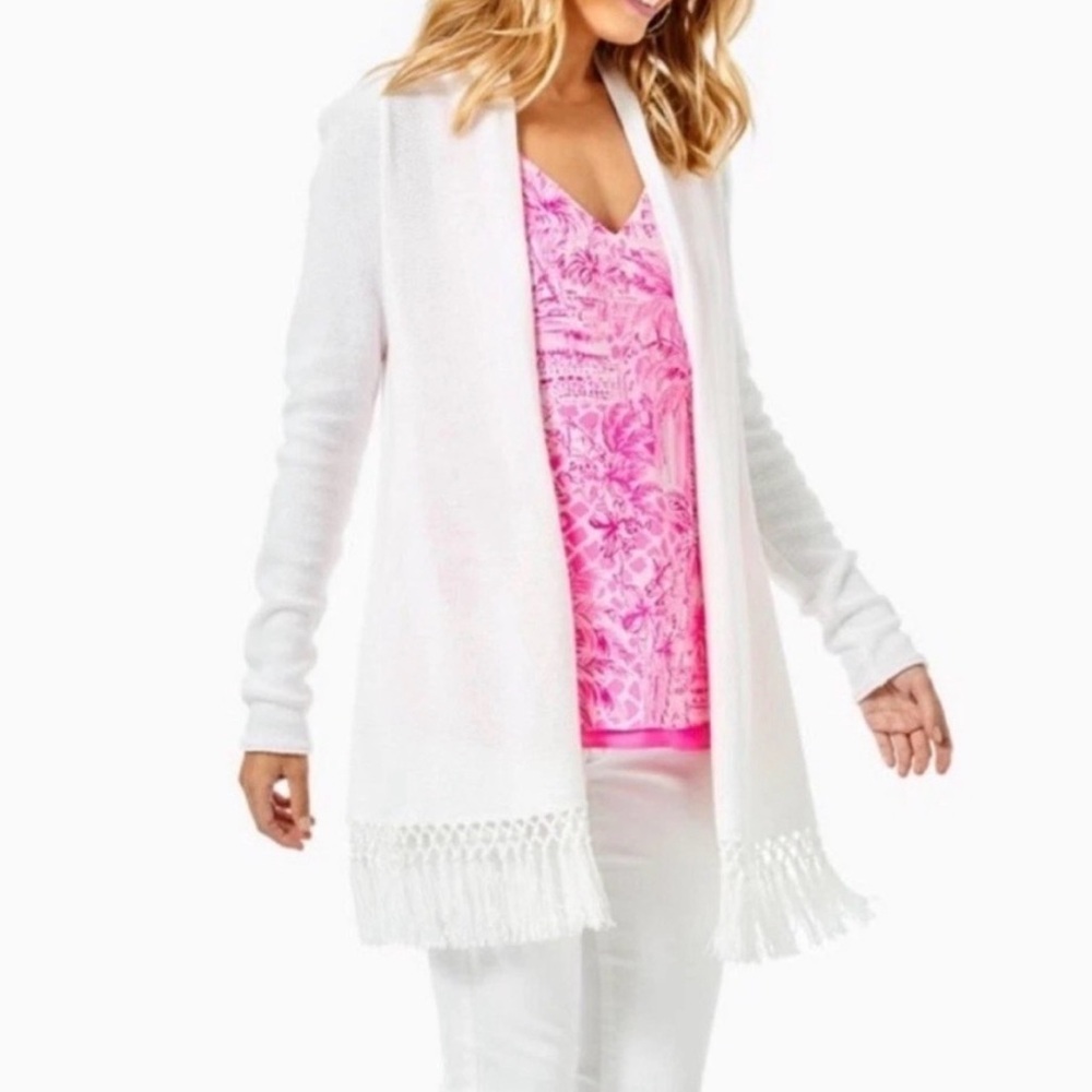 Lilly Pulitzer White Fringe Open-Front Sweater Cardigan